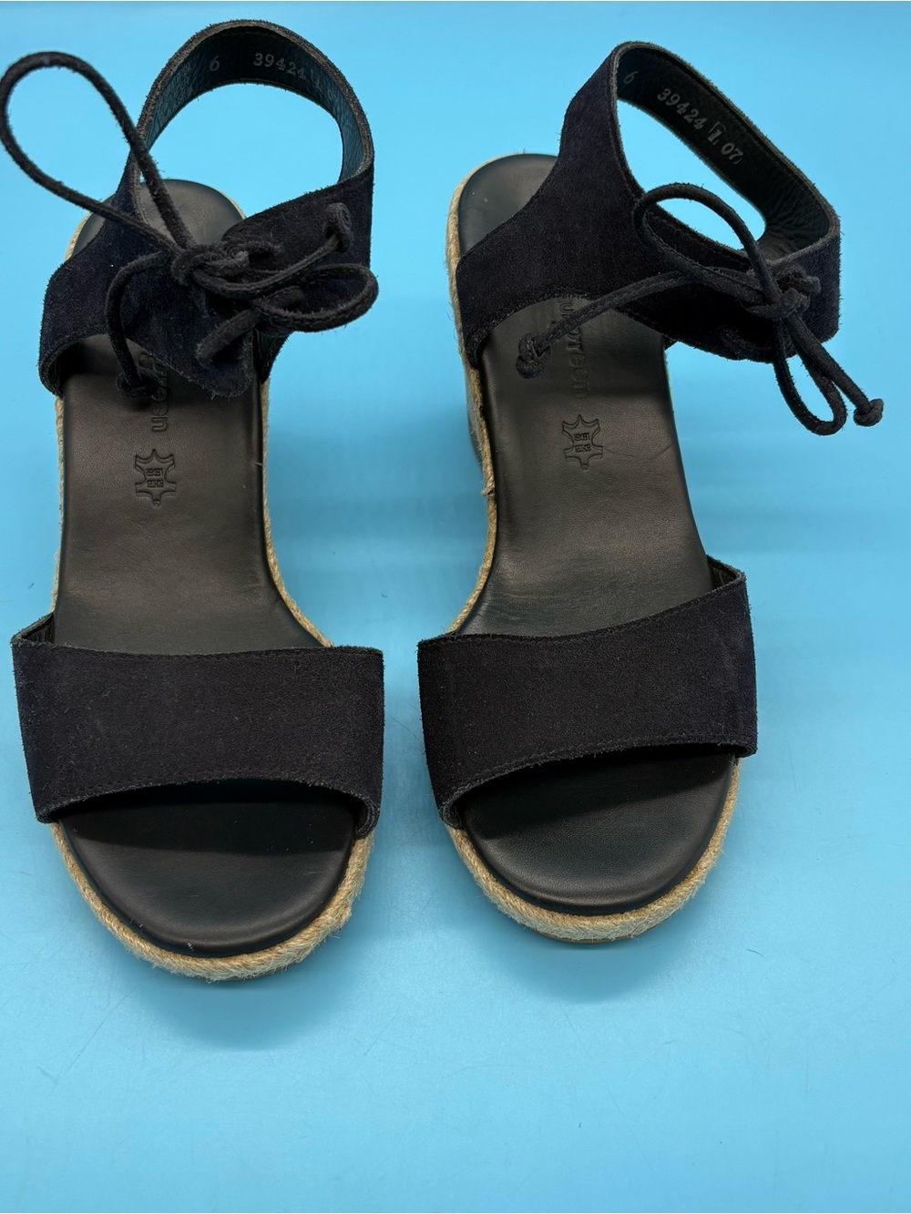 Paul Green Melissa Cork Suede Wedges Open Toe Lace Up Navy Blue Size 6
